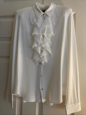 Lauren Ralph Lauren White Ruffle-Front Button Blouse very soft ! Never worn